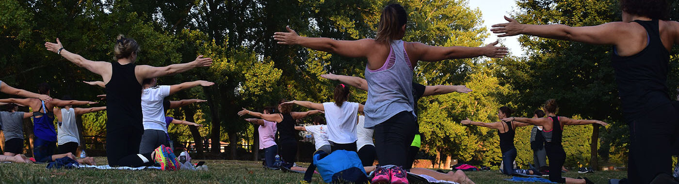 Lots of people doing yoga and stretching in a park